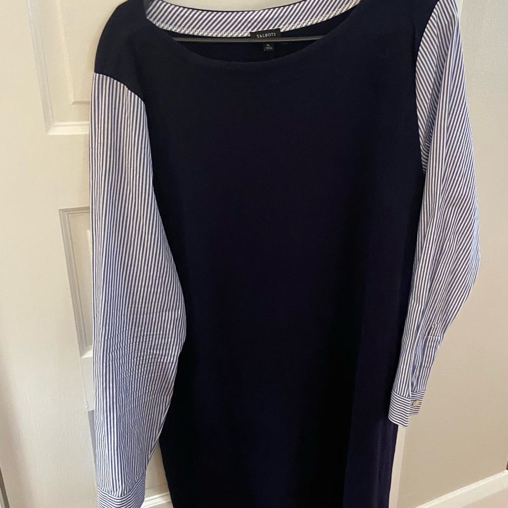 Talbots Navy Dress with Blue-and-White Striped Sleeves
